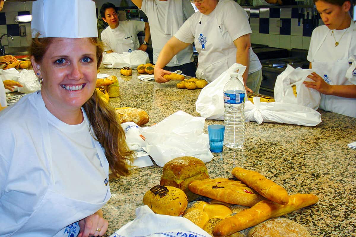 Christie at Le Cordon Bleu Paris with homemade bread.