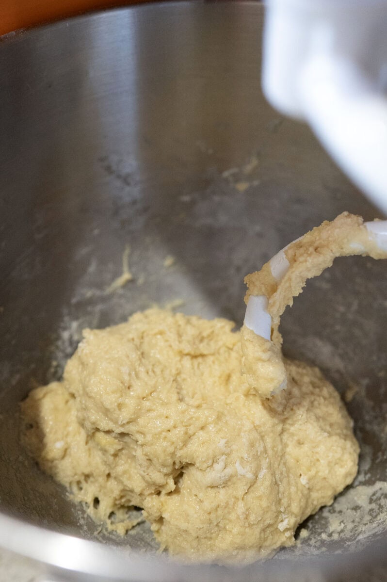 mixing brioche dough.