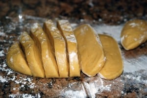 pasta dough sliced.