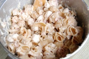 bowl of pasta mixed with chicken.