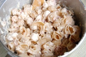 bowl of pasta mixed with chicken.