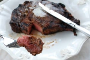 bite of ribeye steak.