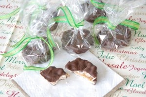 chocolate peanut butter crisps wrapped in plastic.