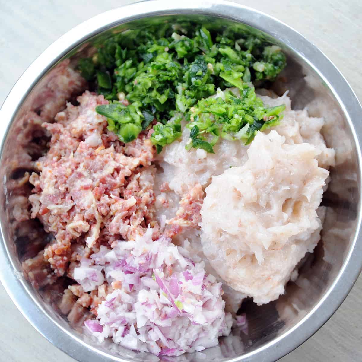 minced shrimp, bacon and veggies.