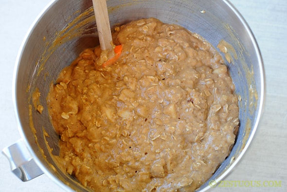 pumpkin muffin batter in a mixing bowl
