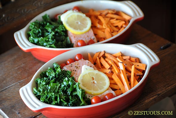 Baked Super Foods: Salmon, Kale & Sweet Potatoes from Zestuous