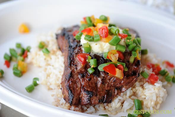 Garlic Chile Skirt Steak with Fresh Green Bean Salsa and Compound Butter from Zestuous