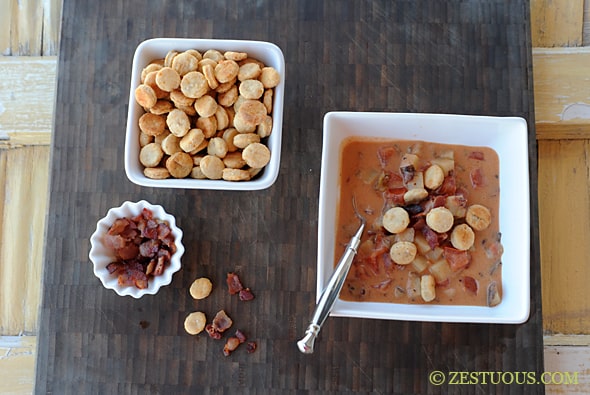 Tomato Bacon Chowder with Potato Oyster Crackers from Zestuous