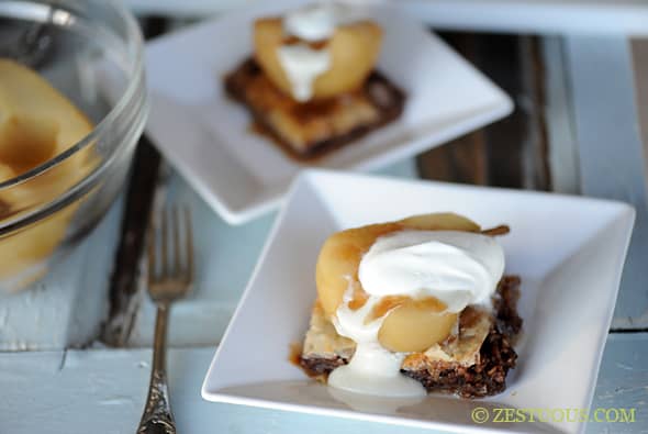 poached pears with baklava and blue cheese fondant