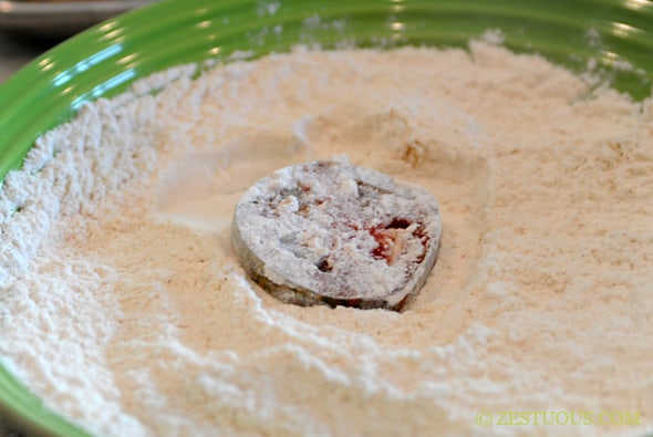 tomato slice dipped into flour mixture