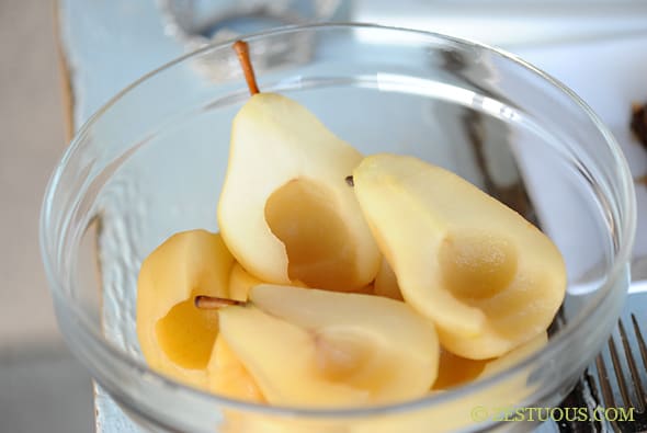 poached pears in a bowl