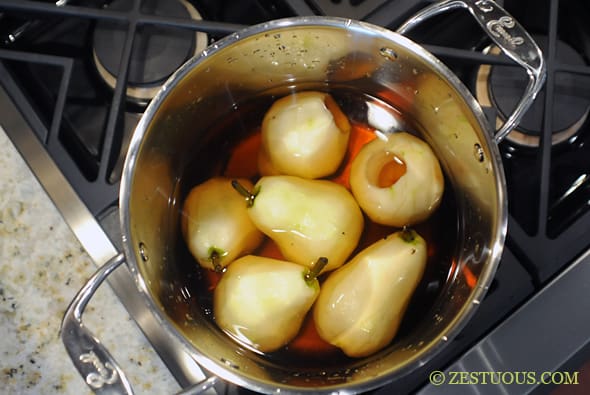 poached pears in a pot