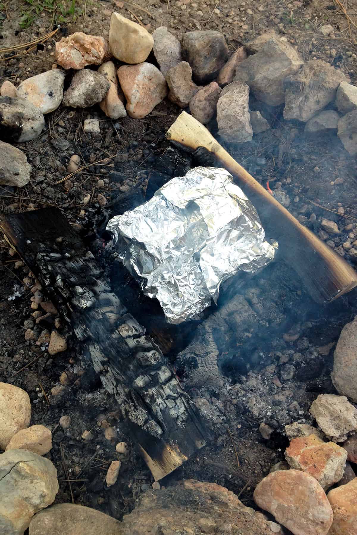 hobo stew cooking on hot coals that have ashed over.