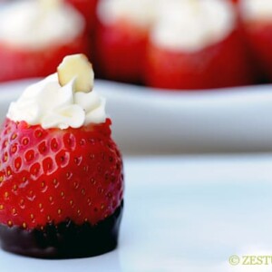 Chocolate Dipped Cheesecake Filled Strawberries from Zestuous