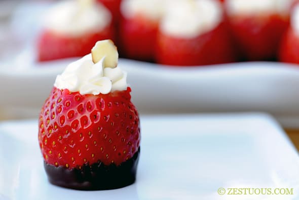 Chocolate Dipped Cheesecake Filled Strawberries from Zestuous