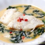 Coconut Milk Poached Cod with Spinach and Fresno Peppers from Zestuous