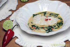 Coconut Milk Poached Cod with Spinach and Fresno Peppers from Zestuous