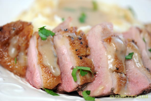 Seared Duck Breast with Duck Gravy and Mashed Potatoes from Zestuous