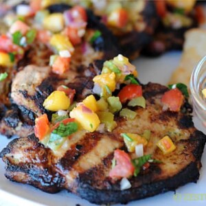 Green Chile Peach Pork Chops from Zestuous