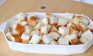 bread cubes in dish.