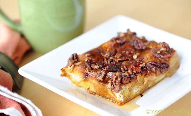 Pumpkin Spice Latte Baked French Toast with Bacon Pecan Maple Syrup