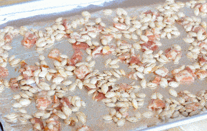 bacon and pumpkin seeds on pan.