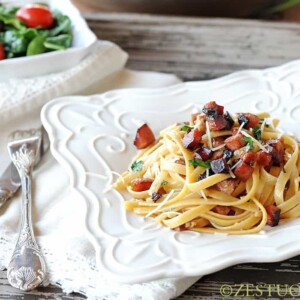 Smoked Sausage Lardon Fettuccine Alfredo from Zestuous