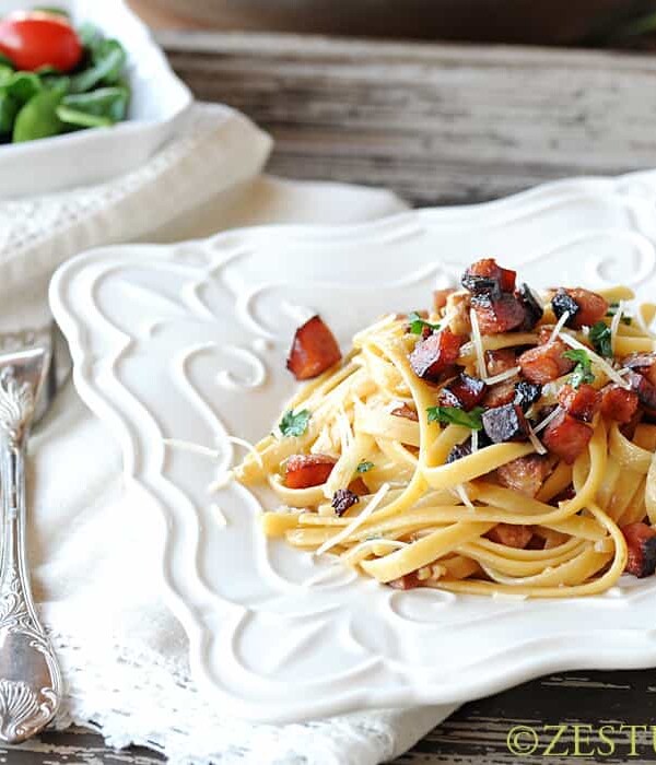 Smoked Sausage Lardon Fettuccine Alfredo from Zestuous