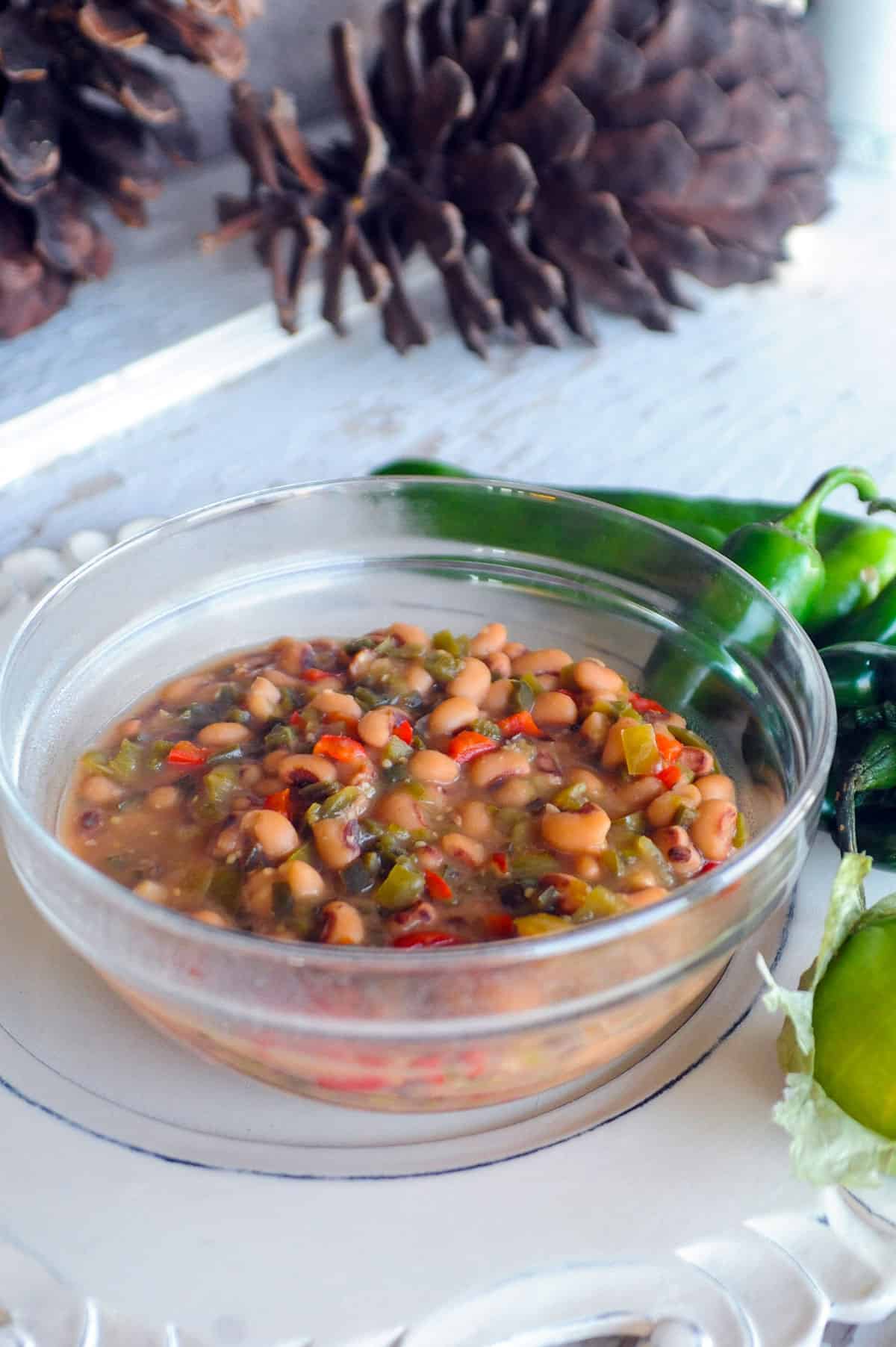 Bowl of Southern Black Eyed Peas with Roasted Peppers.