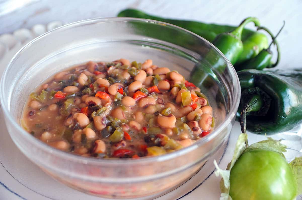 bowl of Southern Black Eyed Peas with Roasted Peppers.