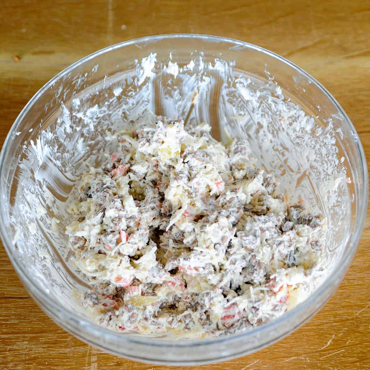 Bowl of stuffed mushroom filling.