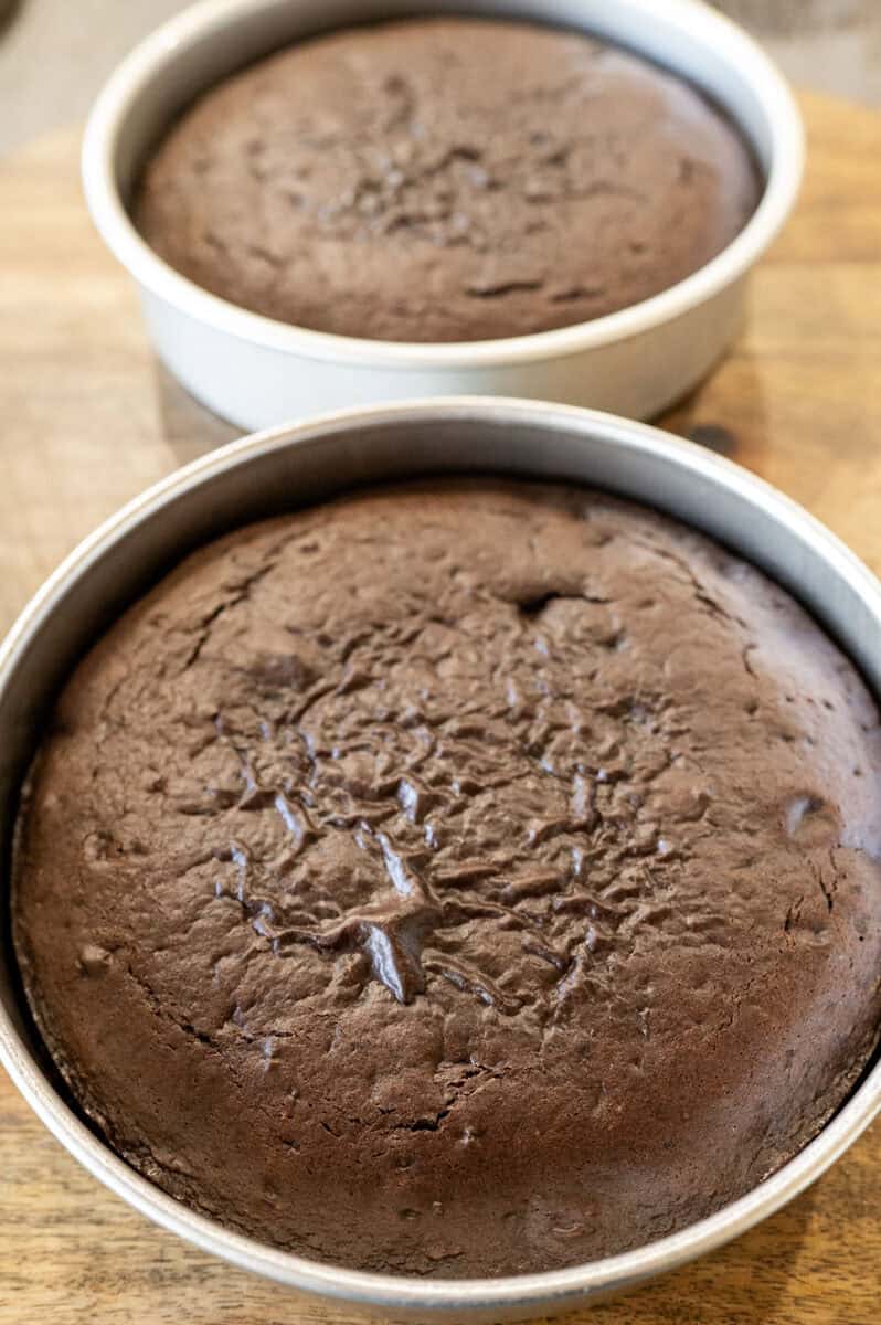 baked chocolate cakes in pans.