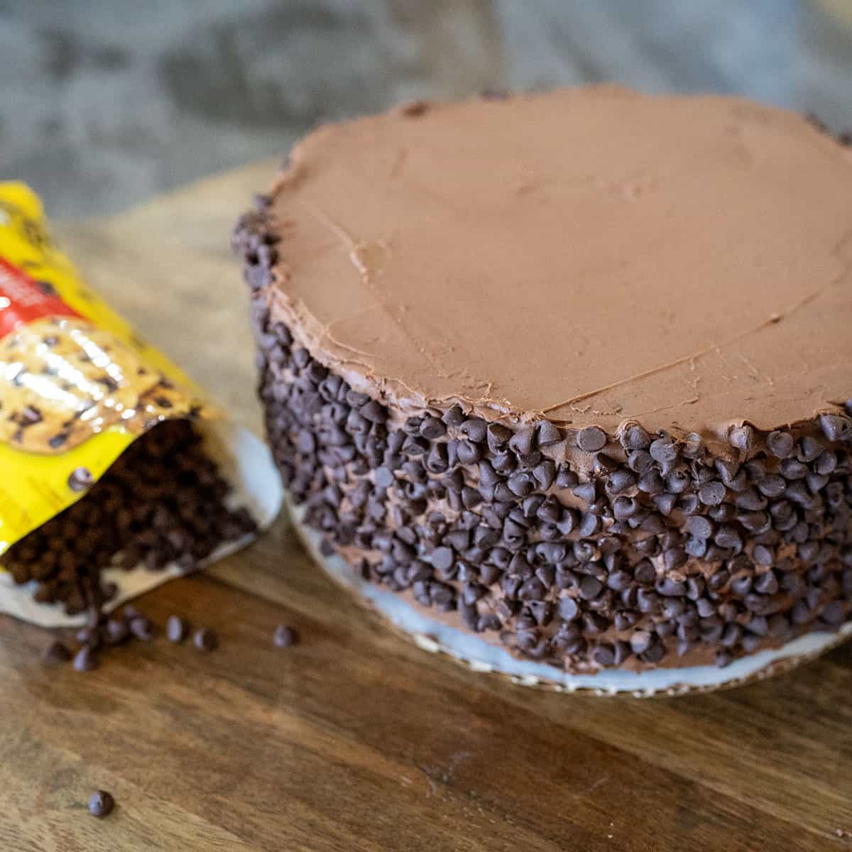 mini chips pressed on side of cake.