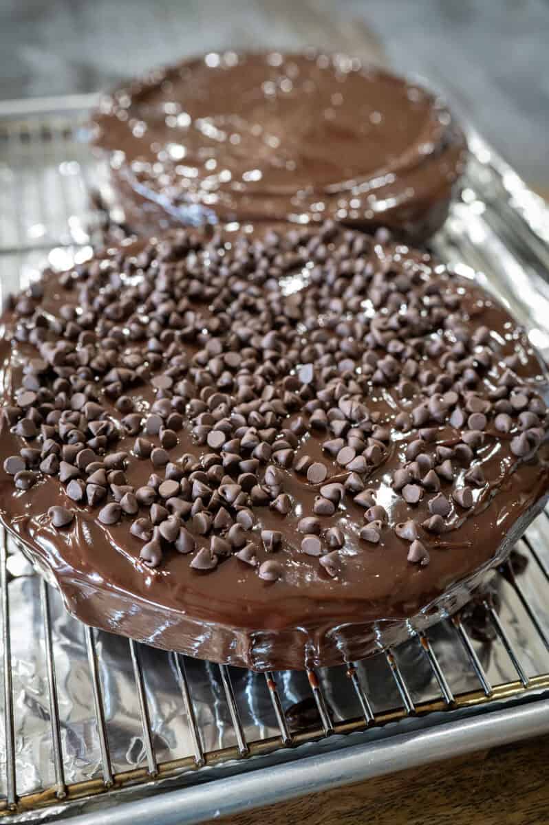 Mini chips on middle layer of cake.