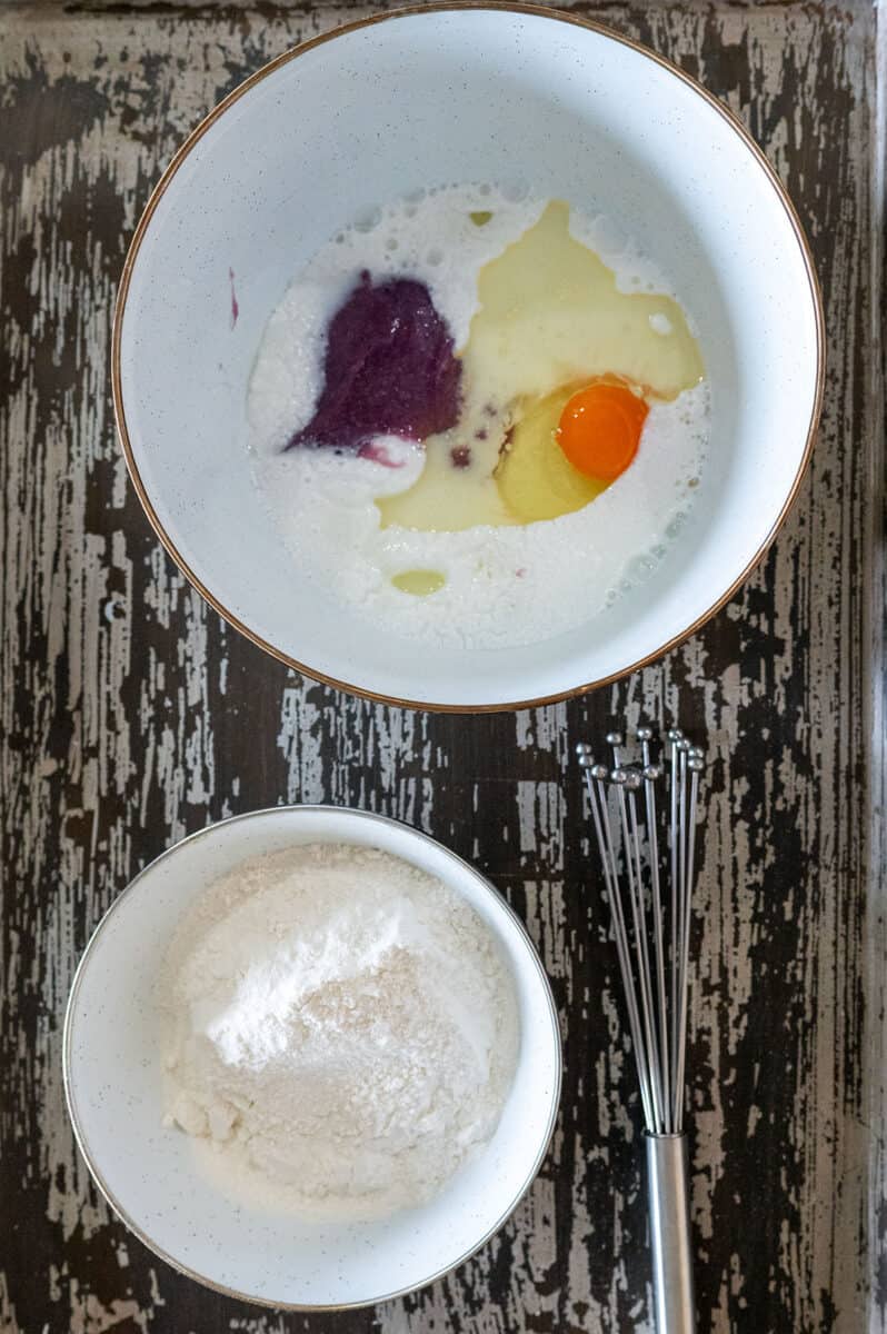 Ube waffle wet and dry ingredients.