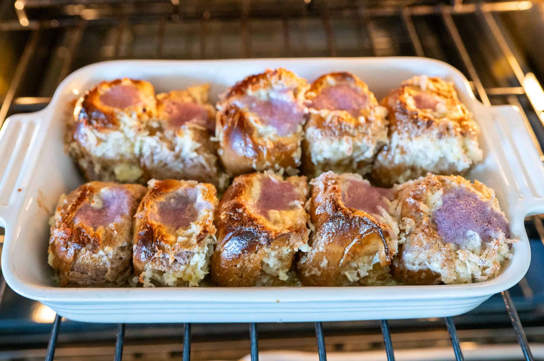 ube stuffed french toast in the oven.