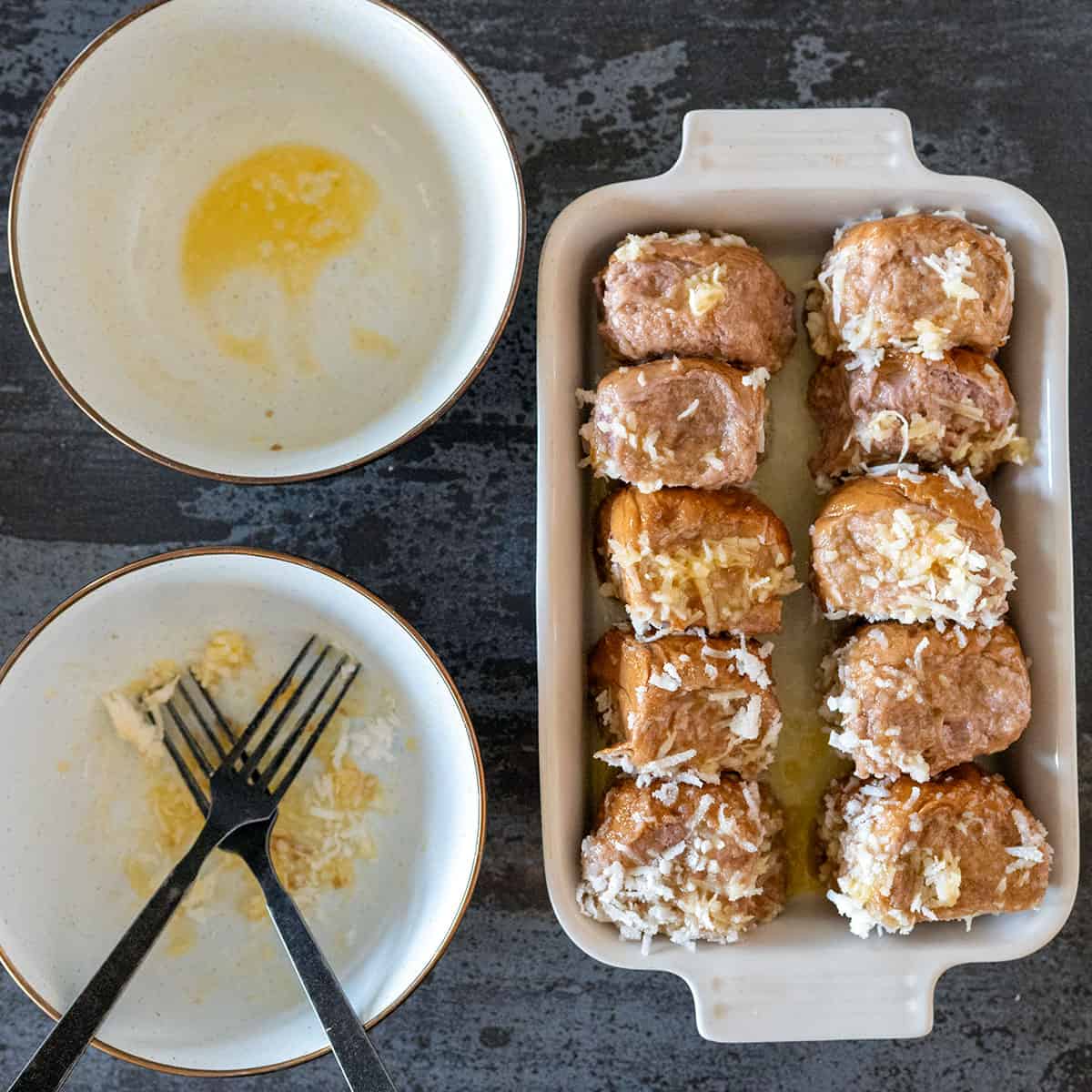 coated rolls in pan.